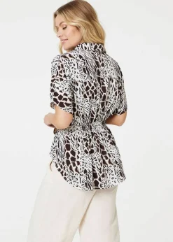 Izabel London Black And White Animal Print Shirred Waist Blouse