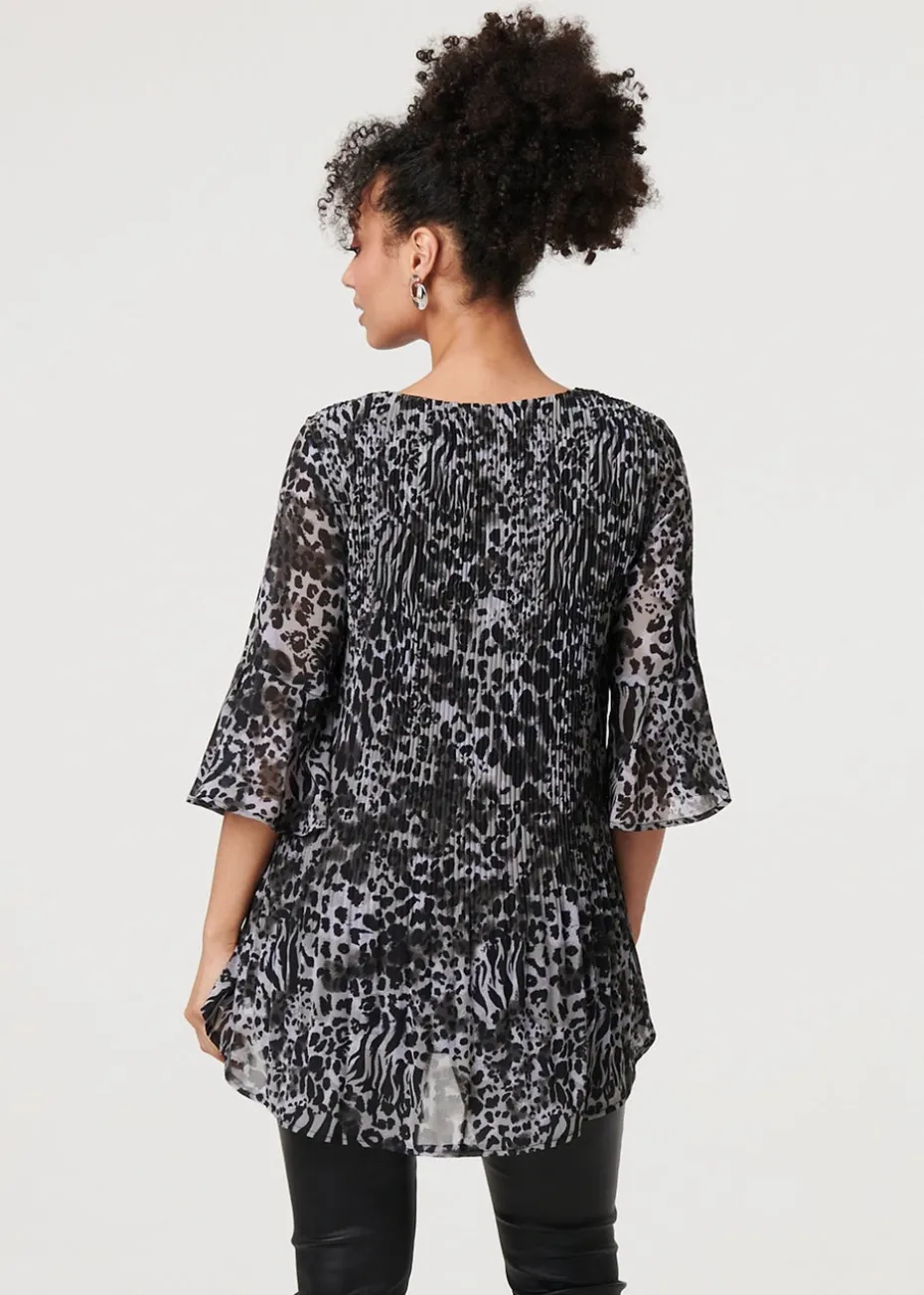 Izabel London Black Animal Print Sheer Pleated Blouse