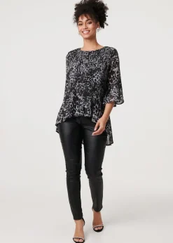 Izabel London Black Animal Print Sheer Pleated Blouse