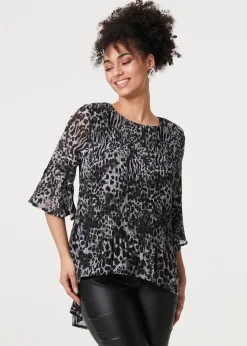 Izabel London Black Animal Print Sheer Pleated Blouse
