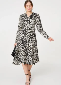 Izabel London Black Animal Print Ruffled Midi Wrap Dress