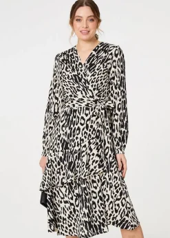 Izabel London Black Animal Print Ruffled Midi Wrap Dress