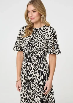 Izabel London Black Animal Print Flare Midi Dress