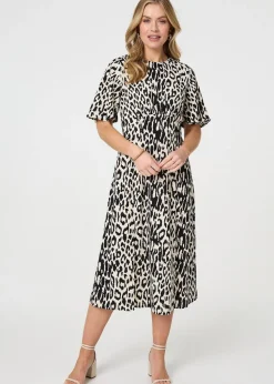 Izabel London Black Animal Print Flare Midi Dress