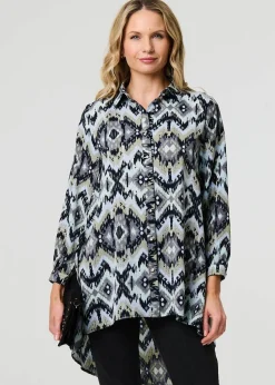 Izabel London Black Aztec Print High Low Long Sleeve Shirt