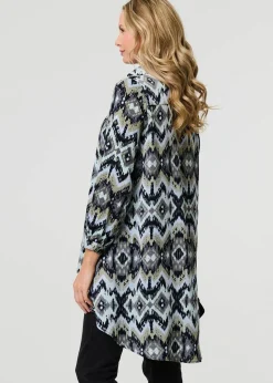 Izabel London Black Aztec Print High Low Long Sleeve Shirt