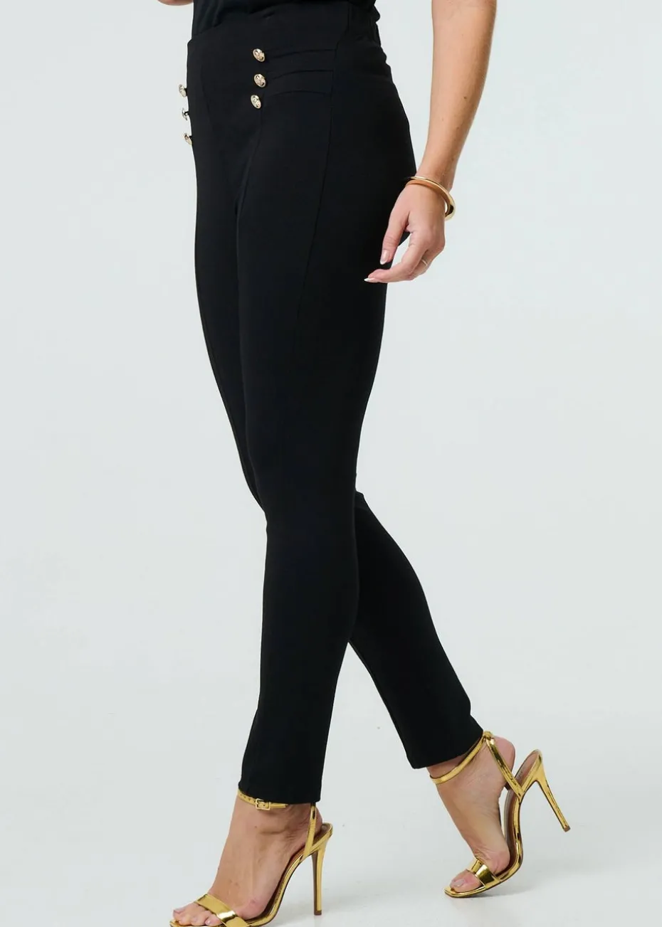 Izabel London Black Button Detail High Waist Slim Leggings