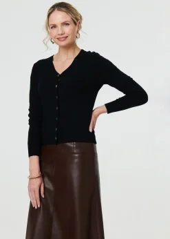 Izabel London Black Cropped Button Up Slim Knit Cardigan