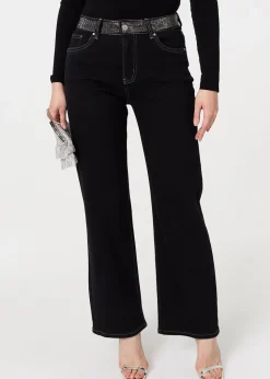 Izabel London Black Diamante Stud High Waist Straight Jeans