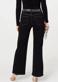 Izabel London Black Diamante Stud High Waist Straight Jeans