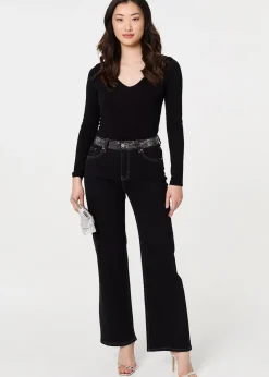 Izabel London Black Diamante Stud High Waist Straight Jeans