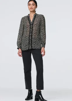 Izabel London Black Ditsy Floral Semi Sheer Long Sleeve Blouse