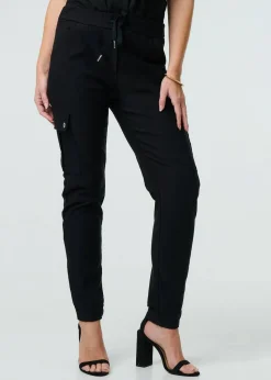 Izabel London Black Drawstring Waist Slim Cargo Trousers