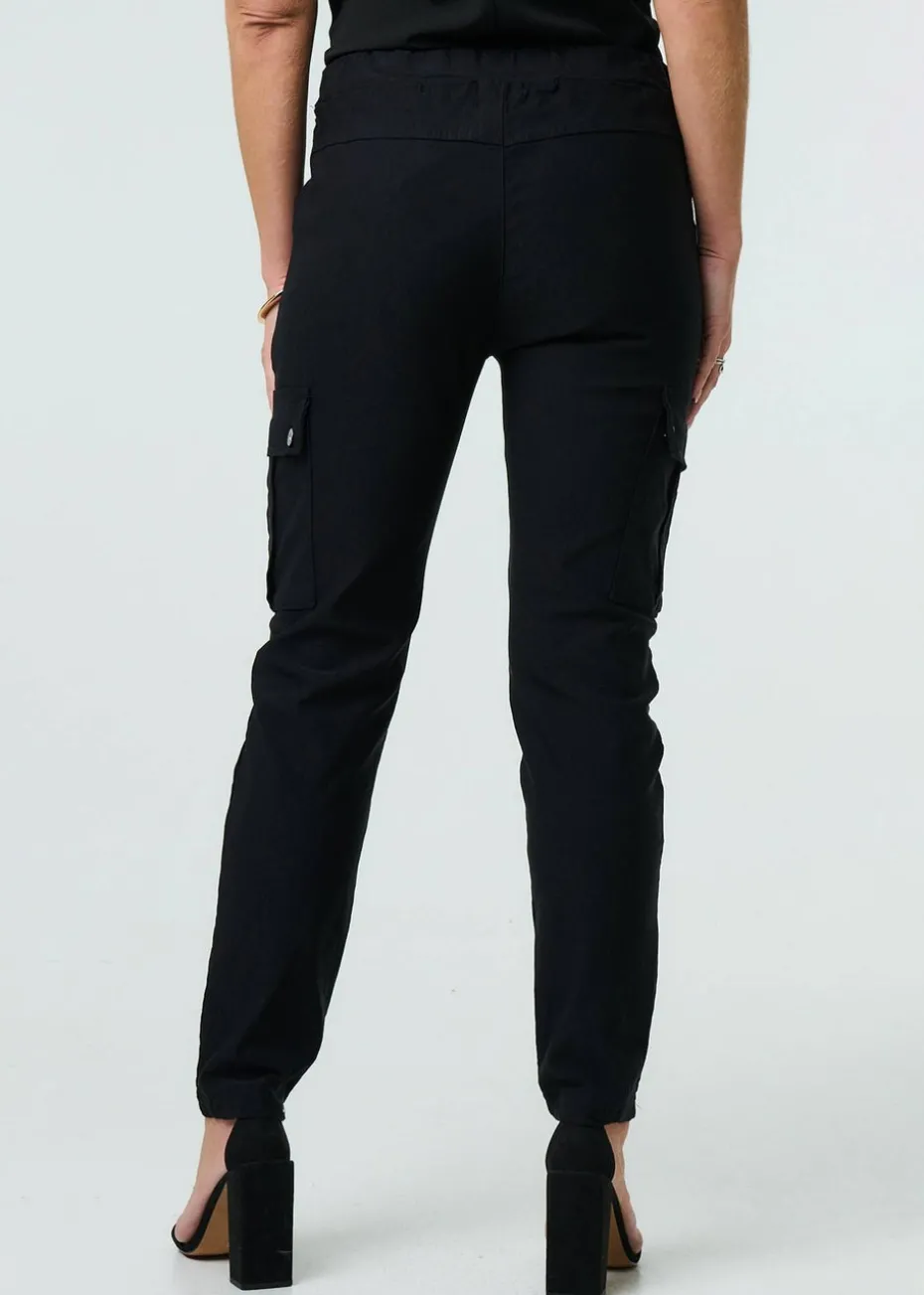 Izabel London Black Drawstring Waist Slim Cargo Trousers