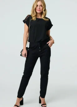 Izabel London Black Drawstring Waist Slim Cargo Trousers