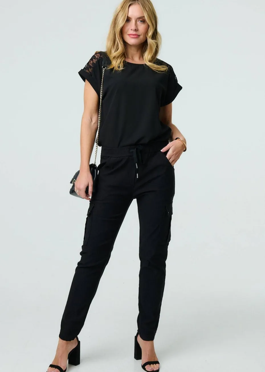 Izabel London Black Drawstring Waist Slim Cargo Trousers