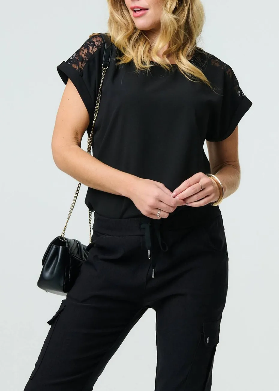 Izabel London Black Drawstring Waist Slim Cargo Trousers