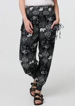 Izabel London Black Elephant Print Relaxed Harem Pants
