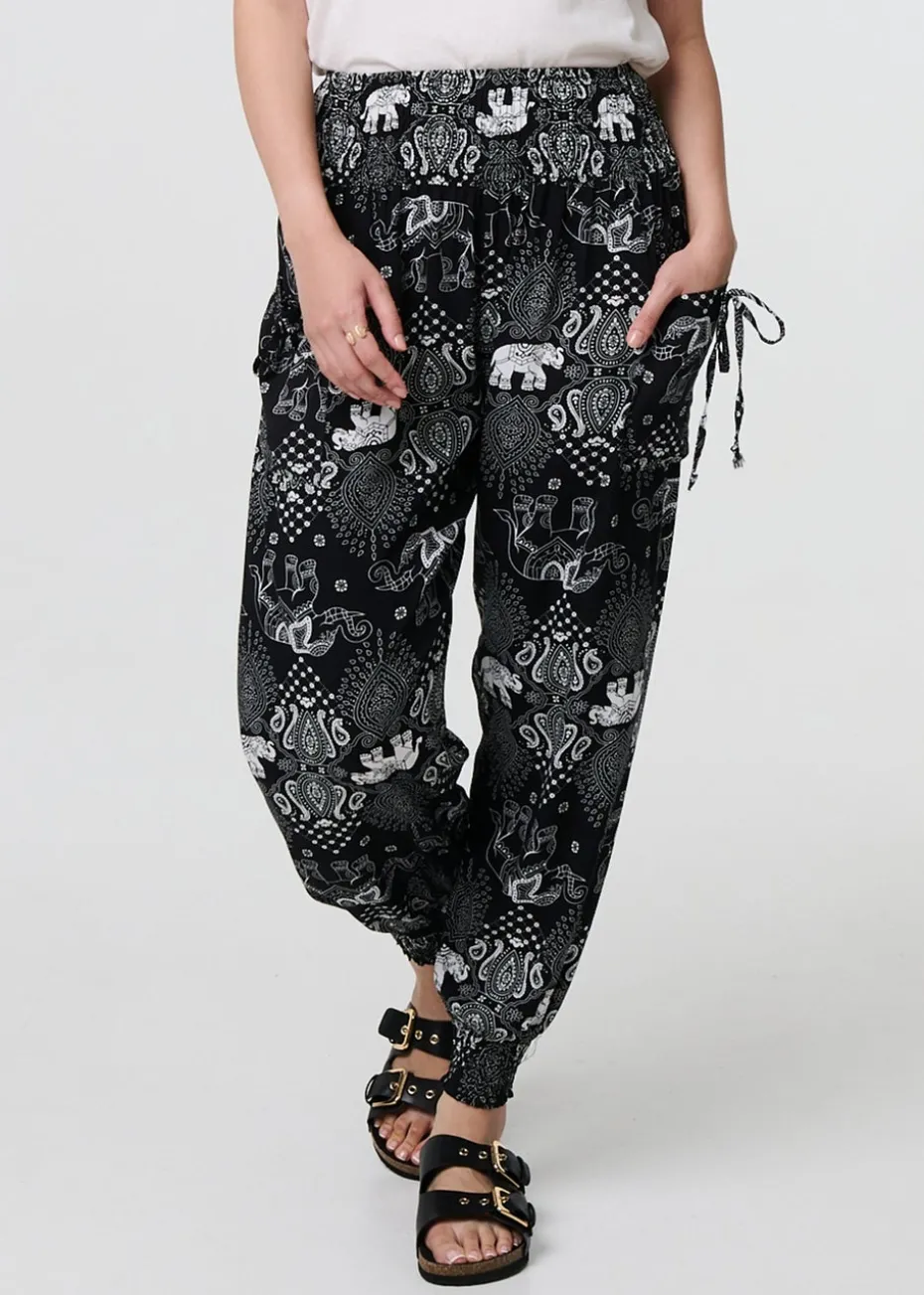 Izabel London Black Elephant Print Relaxed Harem Pants