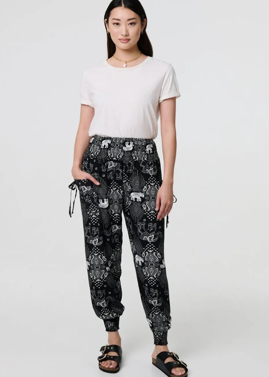 Izabel London Black Elephant Print Relaxed Harem Pants