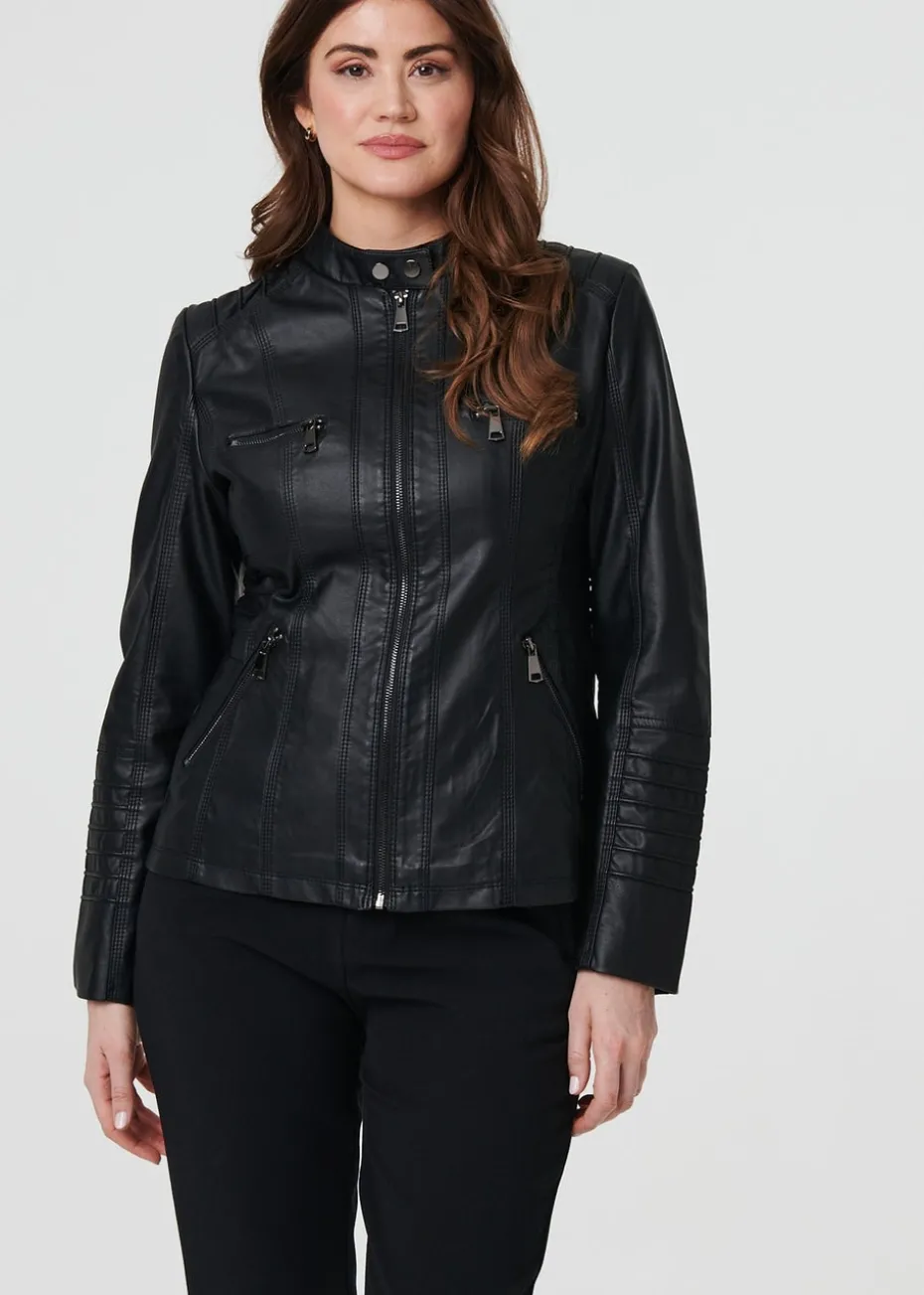 Izabel London Black Faux Leather High Neck Zip Front Jacket