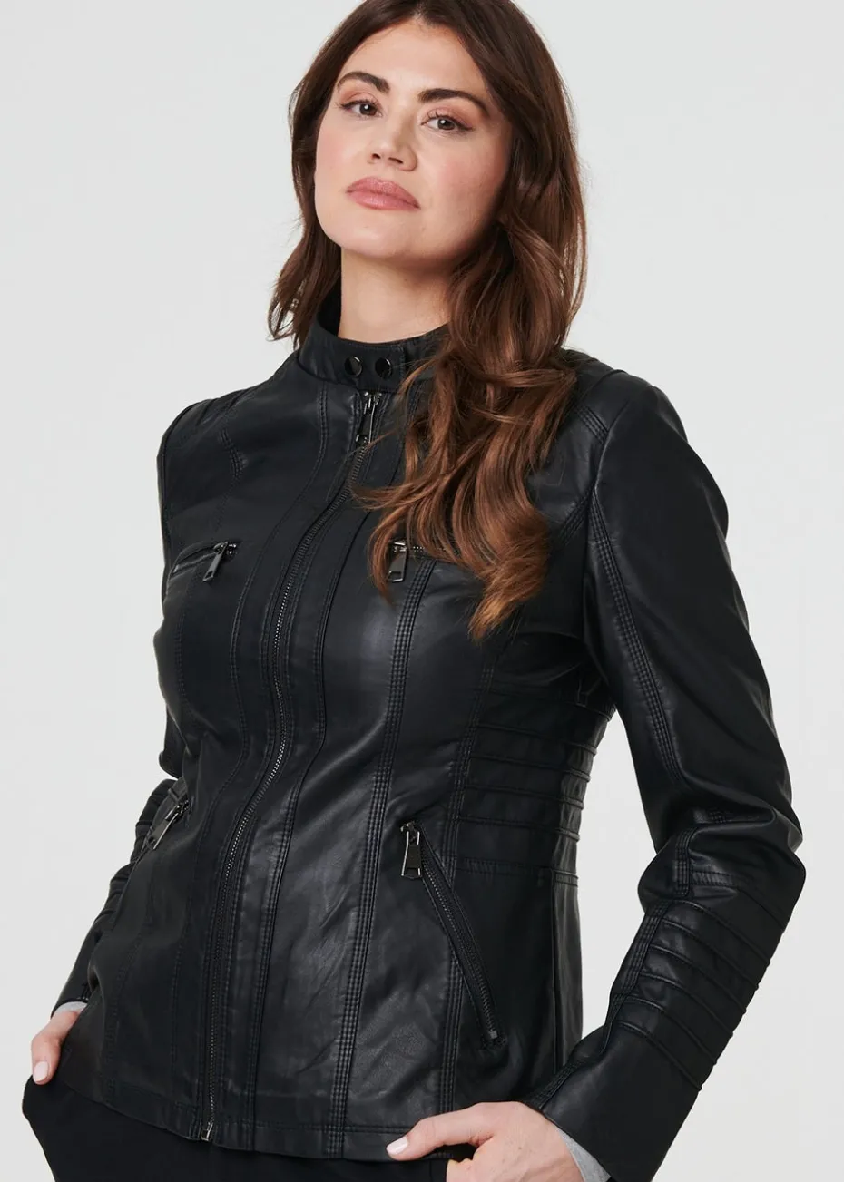 Izabel London Black Faux Leather High Neck Zip Front Jacket