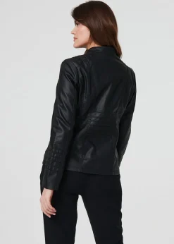 Izabel London Black Faux Leather High Neck Zip Front Jacket