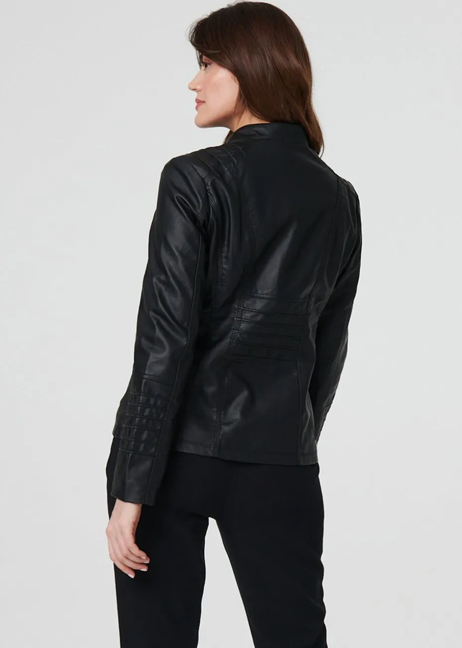 Izabel London Black Faux Leather High Neck Zip Front Jacket
