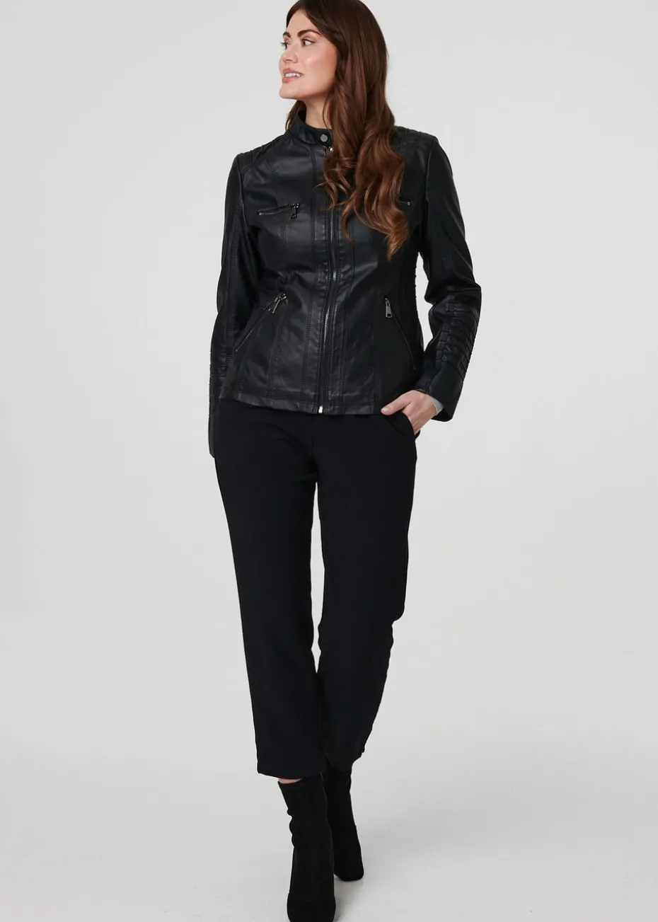 Izabel London Black Faux Leather High Neck Zip Front Jacket