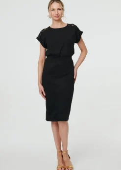 Izabel London Black Faux Suede Knee Length Pencil Skirt