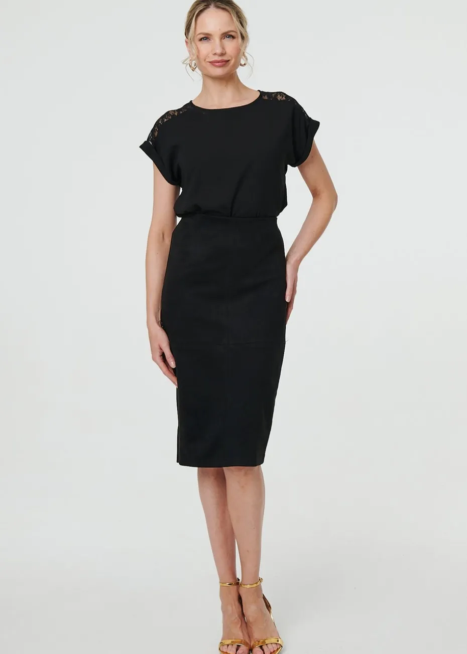 Izabel London Black Faux Suede Knee Length Pencil Skirt