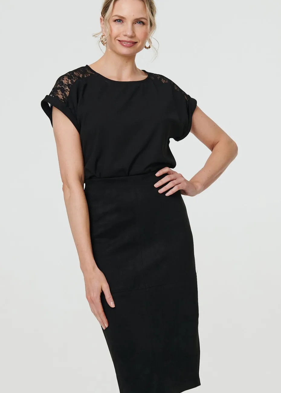 Izabel London Black Faux Suede Knee Length Pencil Skirt