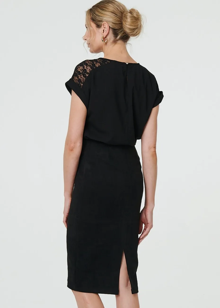 Izabel London Black Faux Suede Knee Length Pencil Skirt