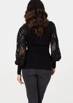 Izabel London Black Floral Lace Puff Sleeve Fitted Knit Top