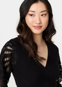 Izabel London Black Floral Lace Puff Sleeve Fitted Knit Top