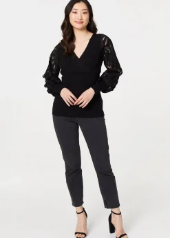 Izabel London Black Floral Lace Puff Sleeve Fitted Knit Top