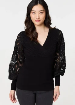 Izabel London Black Floral Lace Puff Sleeve Fitted Knit Top