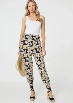 Izabel London Black Floral Tassel Tie Pocket Harem Pants