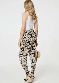 Izabel London Black Floral Tassel Tie Pocket Harem Pants