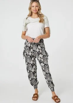 Izabel London Black Floral Print Relaxed Harem Pants