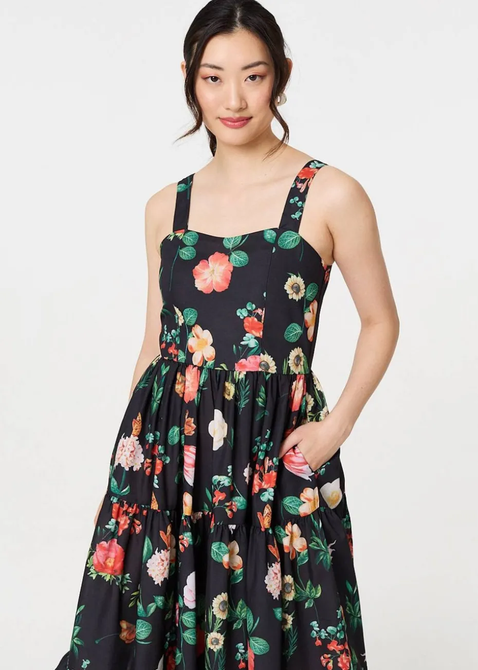 Izabel London Black Floral Sleeveless Skater Midi Dress