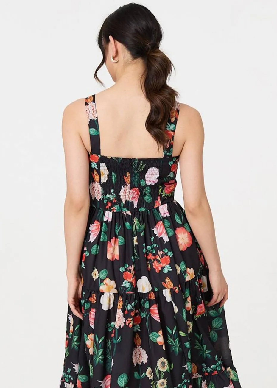 Izabel London Black Floral Sleeveless Skater Midi Dress