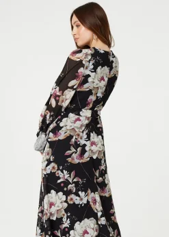 Izabel London Black Floral Long Sleeve Tie Waist Wrap Midi Dress