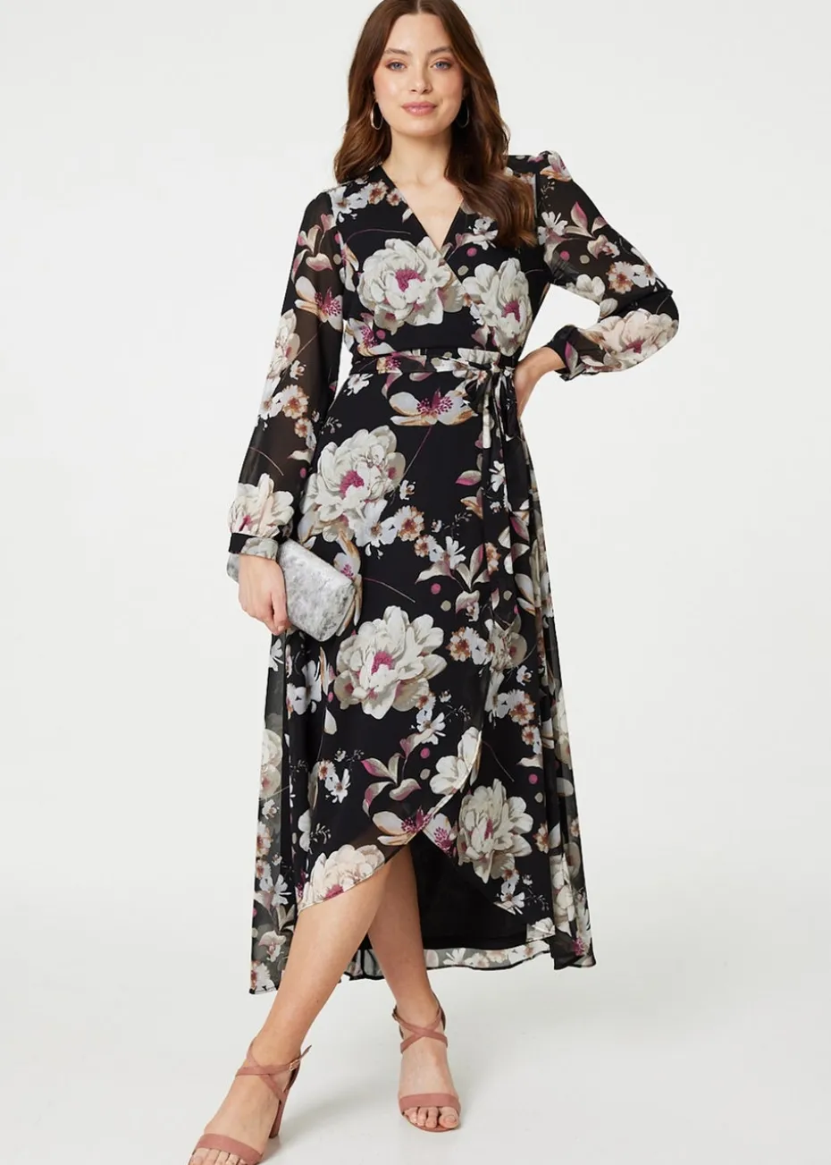 Izabel London Black Floral Long Sleeve Tie Waist Wrap Midi Dress