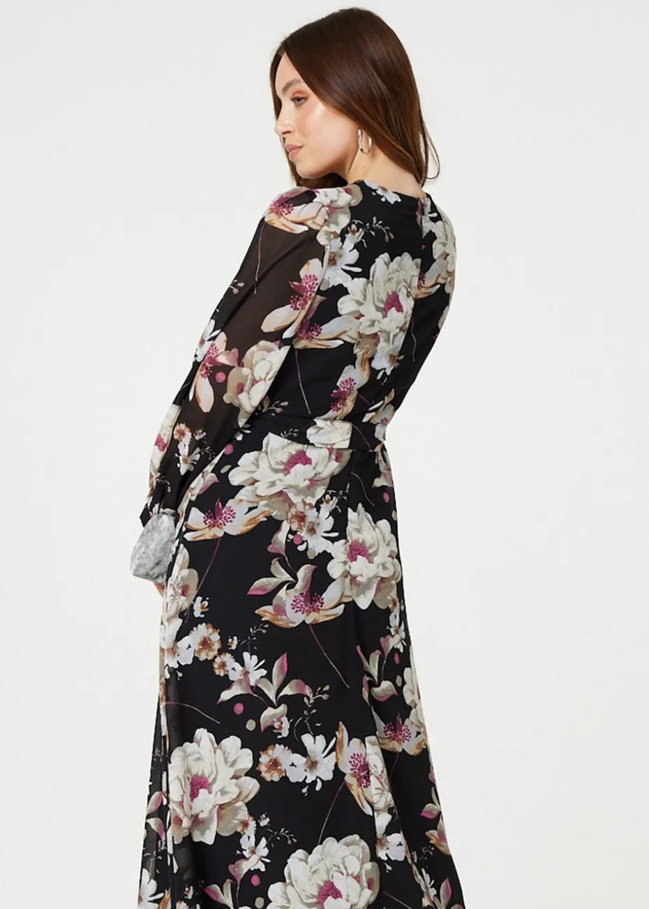 Izabel London Black Floral Long Sleeve Tie Waist Wrap Midi Dress