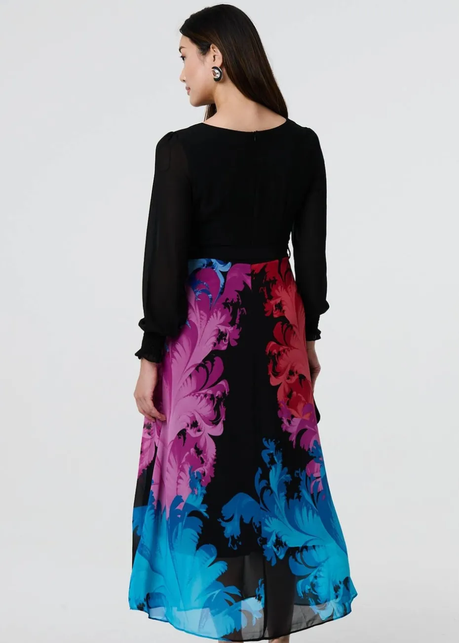 Izabel London Black Floral Contrast Print Tie Waist Midi Dress