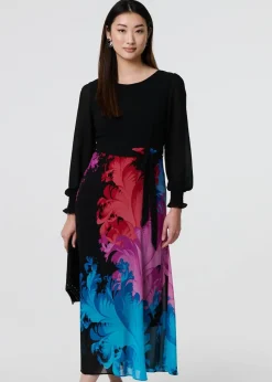 Izabel London Black Floral Contrast Print Tie Waist Midi Dress