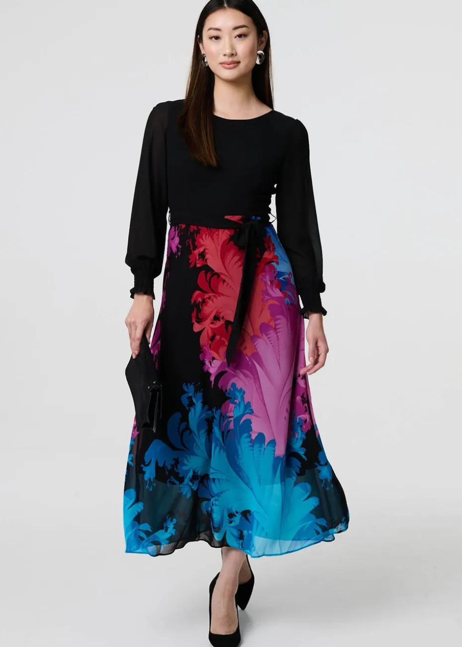 Izabel London Black Floral Contrast Print Tie Waist Midi Dress