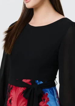 Izabel London Black Floral Contrast Print Tie Waist Midi Dress