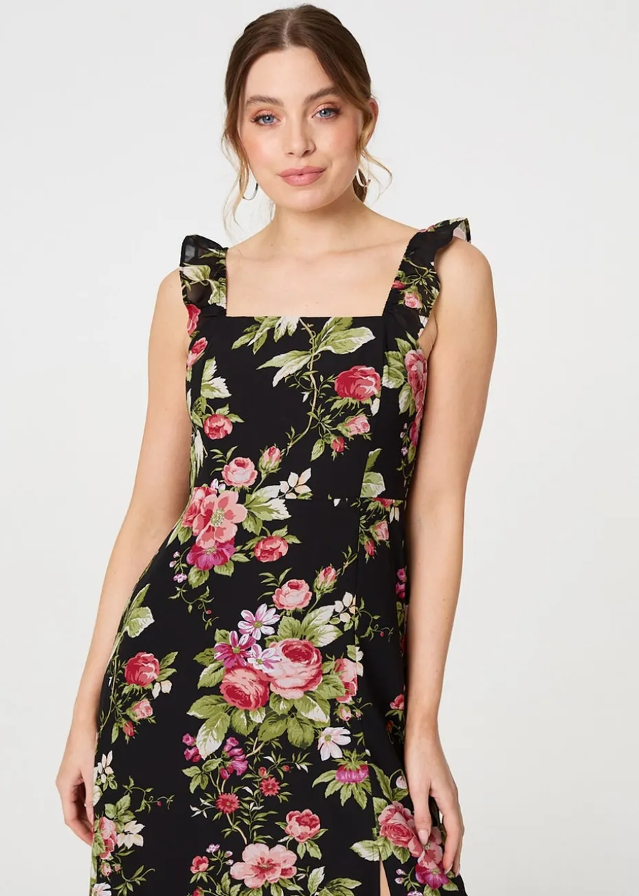 Izabel London Black Floral Frill Sleeveless A Line Midi Dress